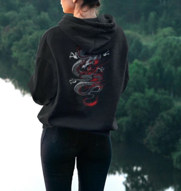 Dragon Back Print Unisex 3 Thread Raised (Cotton Inside) Black Hoodie Sweatshirt Hooded