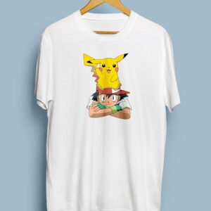 Unisex White Pikachu and Ash Pokemon Design Printed T-Shirt