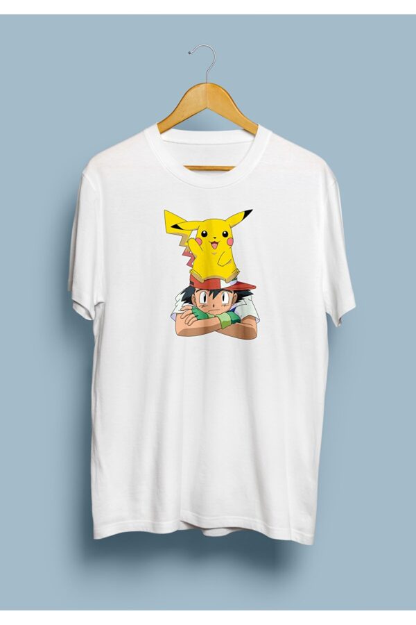 Unisex White Pikachu and Ash Pokemon Design Printed T-Shirt