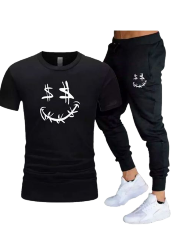 Barbed Wire Smiling Face Printed Double Pocket Short Sleeve Summer Men’s Tracksuit Set